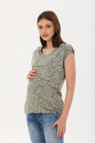 Perla Blanca Green Camouflage Patterned Breastfeeding Maternity T-shirt with Shoulder Detail