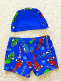 Cartoon Pattern Printed Elastic Cap Swimwear Set for Toddler Boys