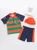 3 Piece Color Block Swimwear Set Zip-up Tee Shorts Cap for Toddler Boys