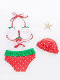 3 Piece Cute Strawberry Pattern Swimwear Bikini Set Halterneck Top Shorts Hat for Girls - Size  6 - Lets Shop US