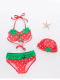 3 Piece Cute Strawberry Pattern Swimwear Bikini Set Halterneck Top Shorts Hat for Girls - Size  6 - Lets Shop US