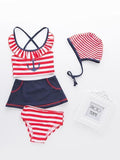 3 Piece Red Stripes Split Type Swimwear Set for Girls