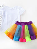 2 Piece Tee Rainbow Tutu Skirt Set Tulle Short-sleeve Top Colorful Pettiskirt for Toddler Girls