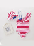 2-piece Skew Collar Striped Swimsuit Set  for Toddler Girls