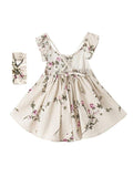 Floral Linen Dress Headband Set for Girls