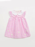 Flower Appliqued Gingham Girl Dress for Toddler Girls